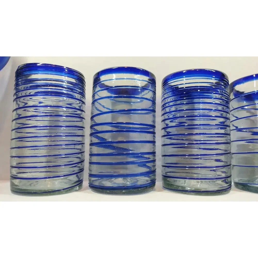 Hand Blown Cobalt & Clear Glass Swirl Pitcher & Glasses 7 Pc Set Made in Mexico